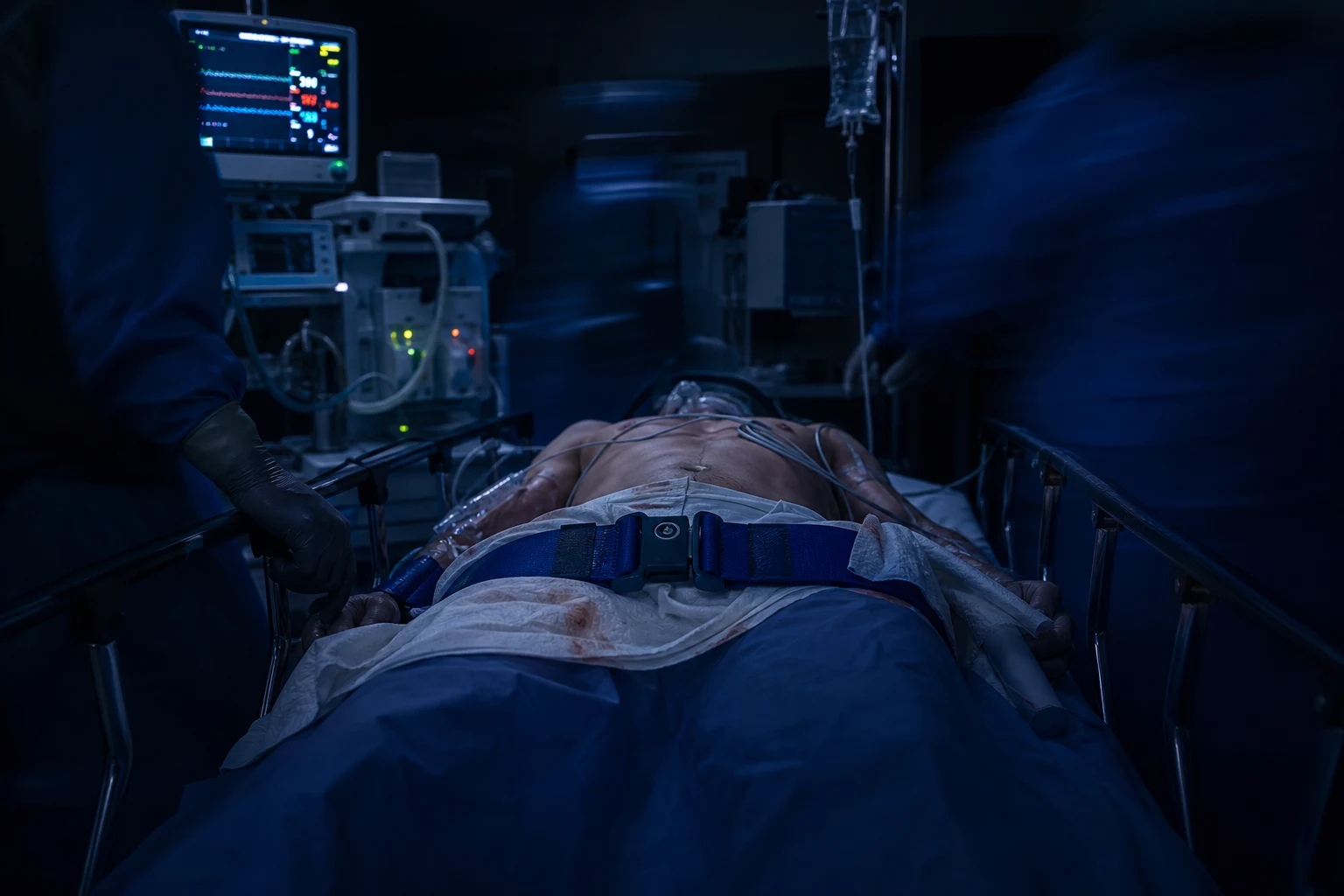 A trauma patient with a pelvic binder around the hips on a trolley