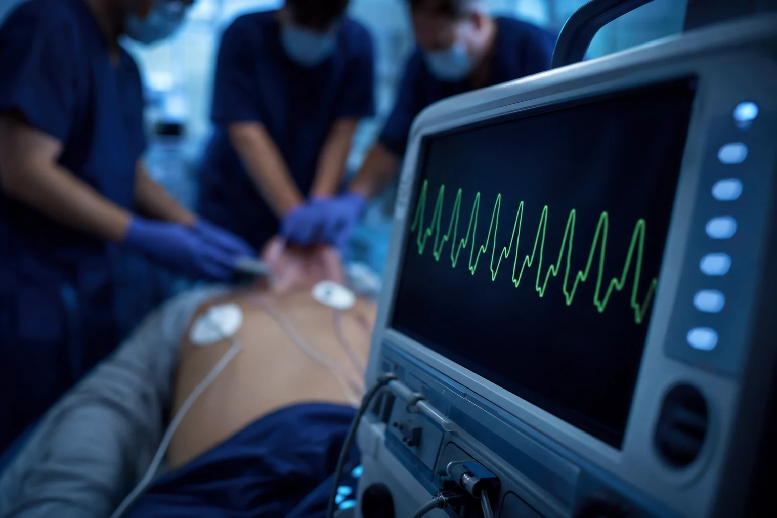 A cardiac monitor showing a rapid tachyarrhythmia with defibrillator pads on the chest