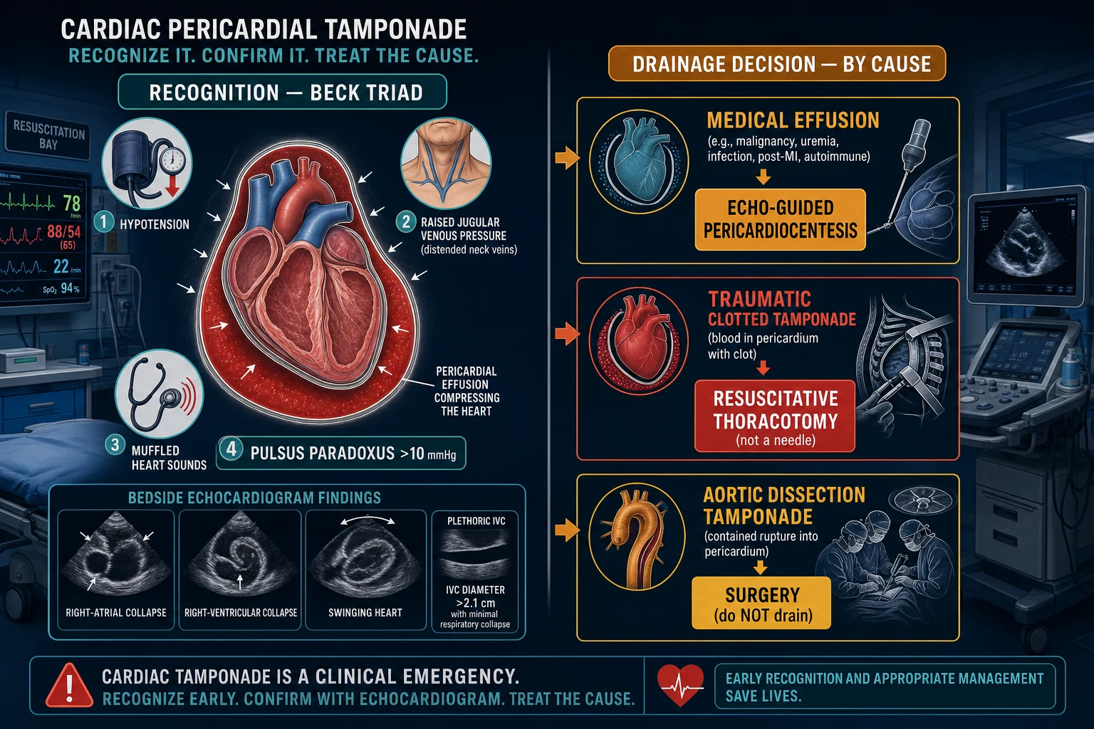 Pericardial tamponade recognition (Beck triad) and the drainage decision by cause