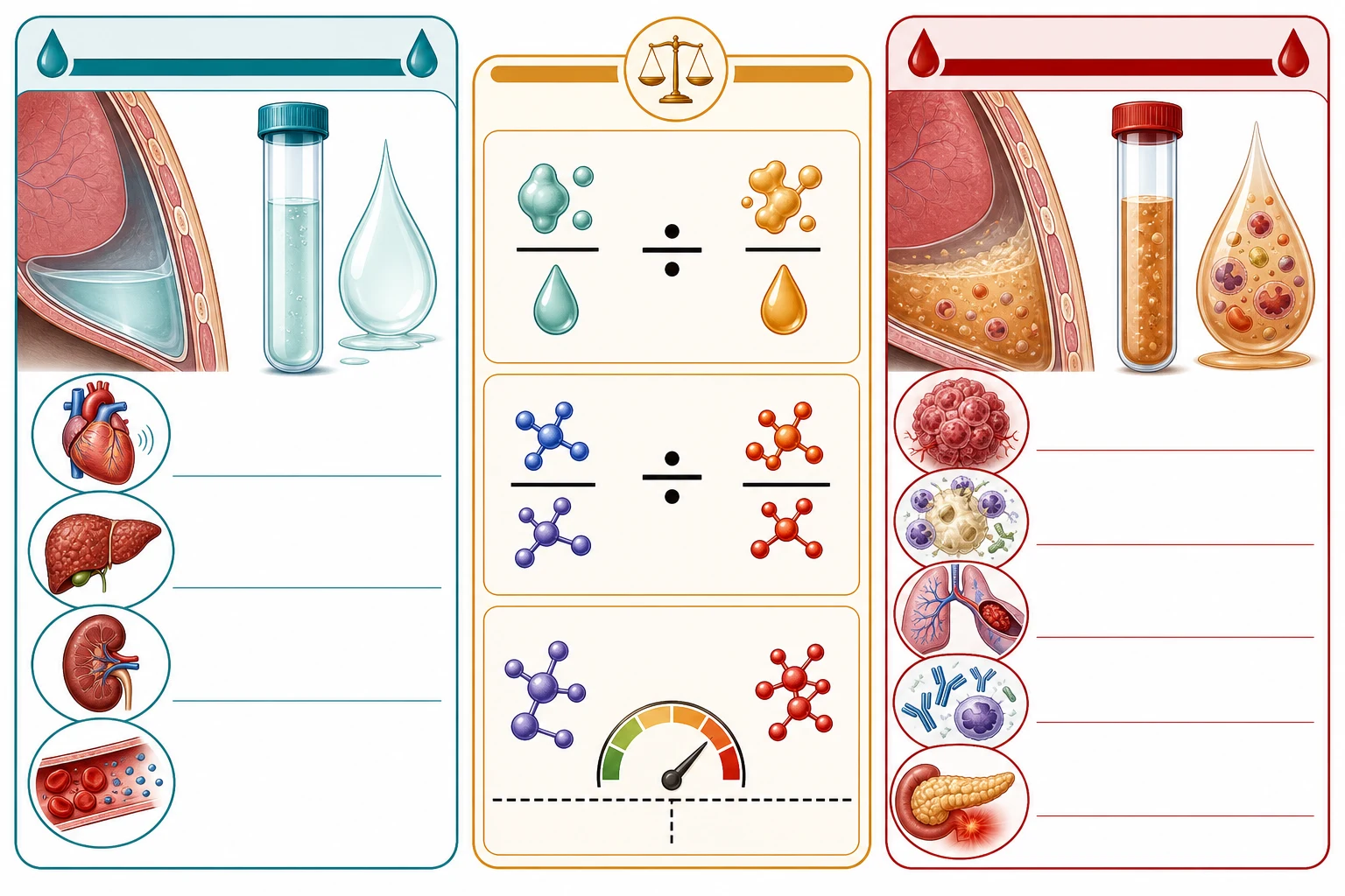 Diagram comparing transudate and exudate pleural fluid using Light criteria thresholds for protein ratio, LDH ratio and LDH absolute value