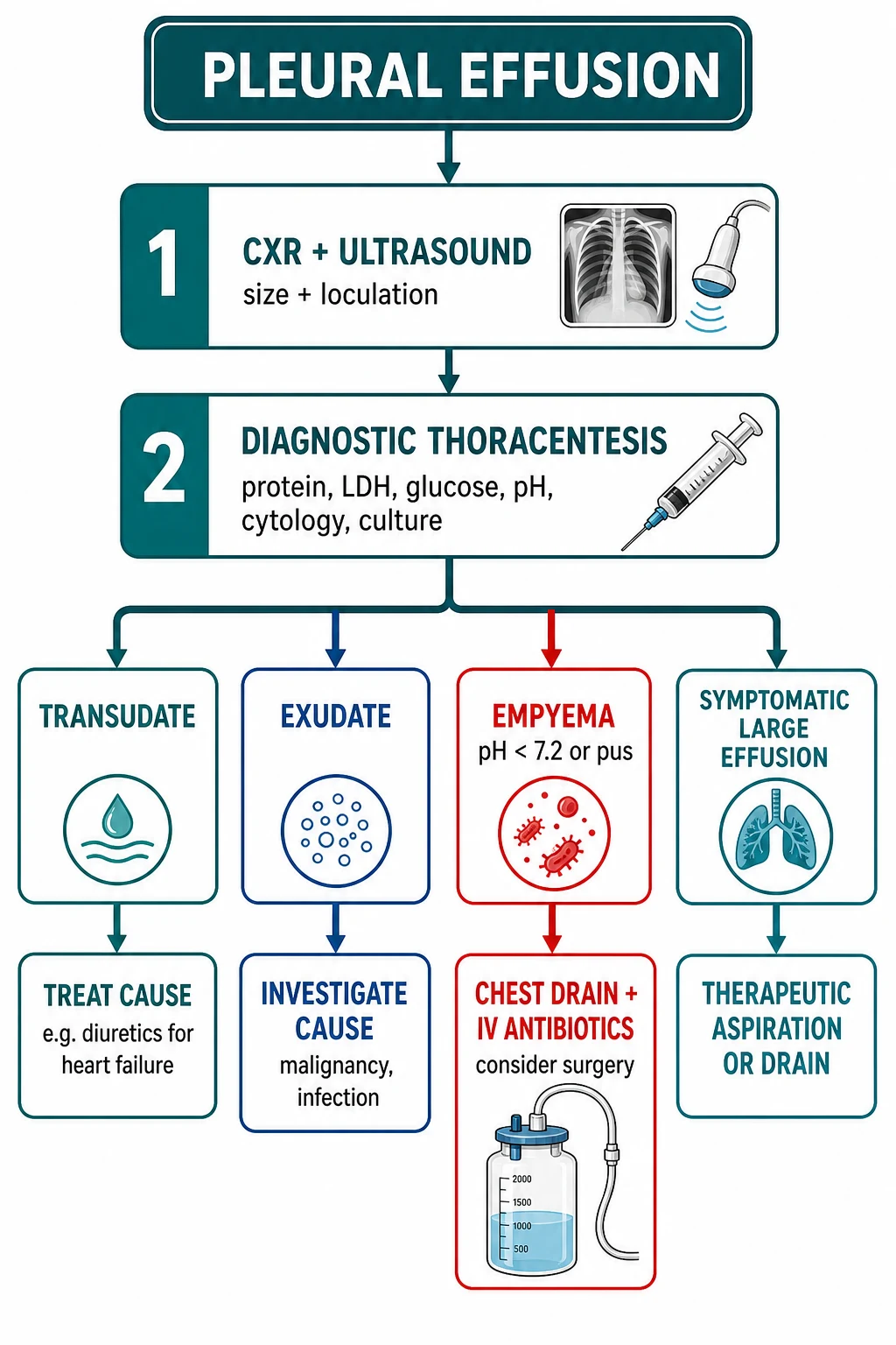 Management flowchart for pleural effusion branching to treat systemic cause for transudate versus drain for complicated exudate or empyema