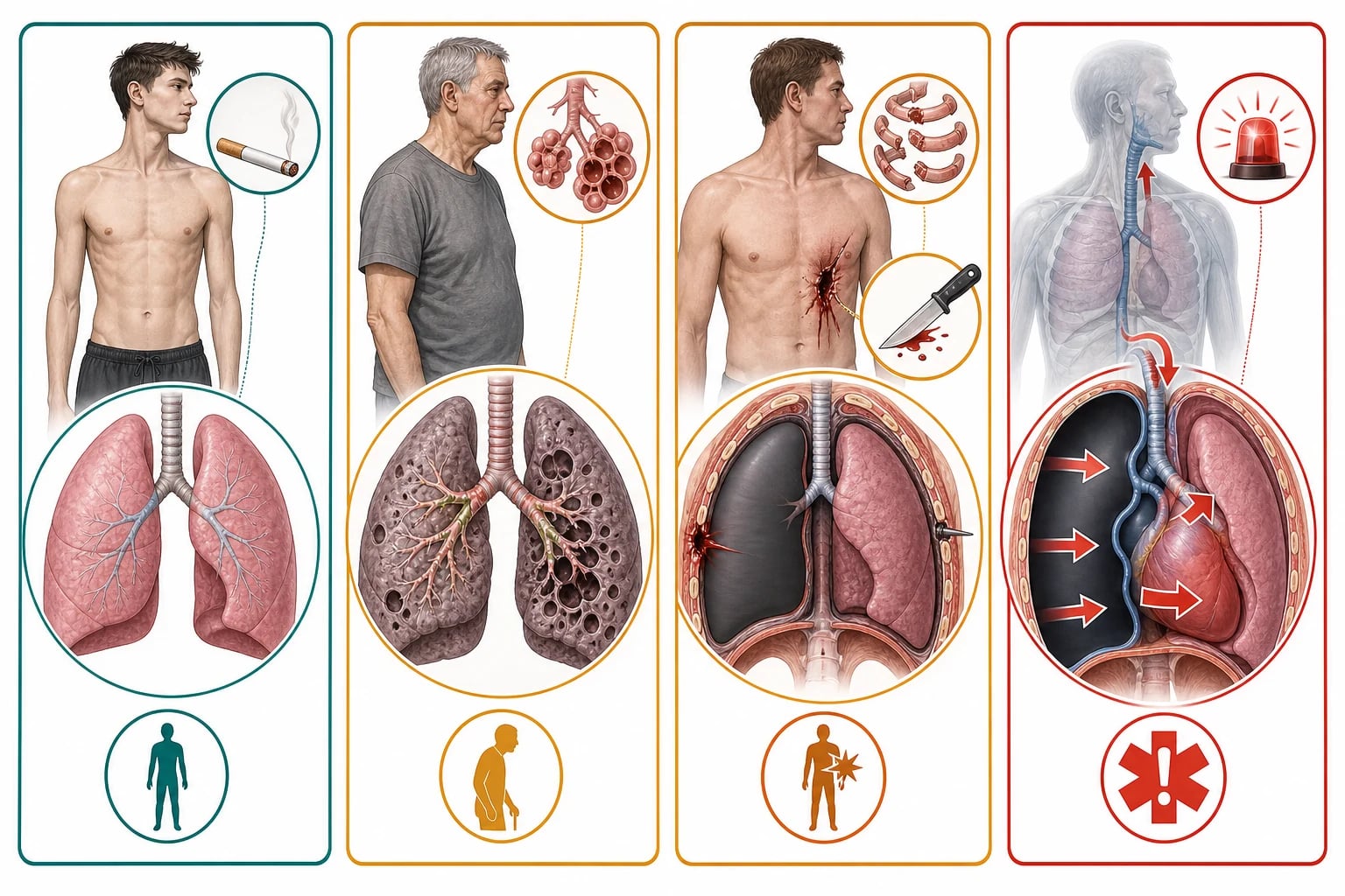 Educational classification panel of primary, secondary, traumatic and tension pneumothorax