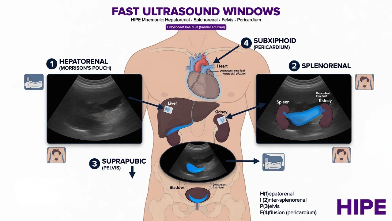 Educational diagram of A-lines, B-lines, lung sliding and lung point on bedside lung ultrasound