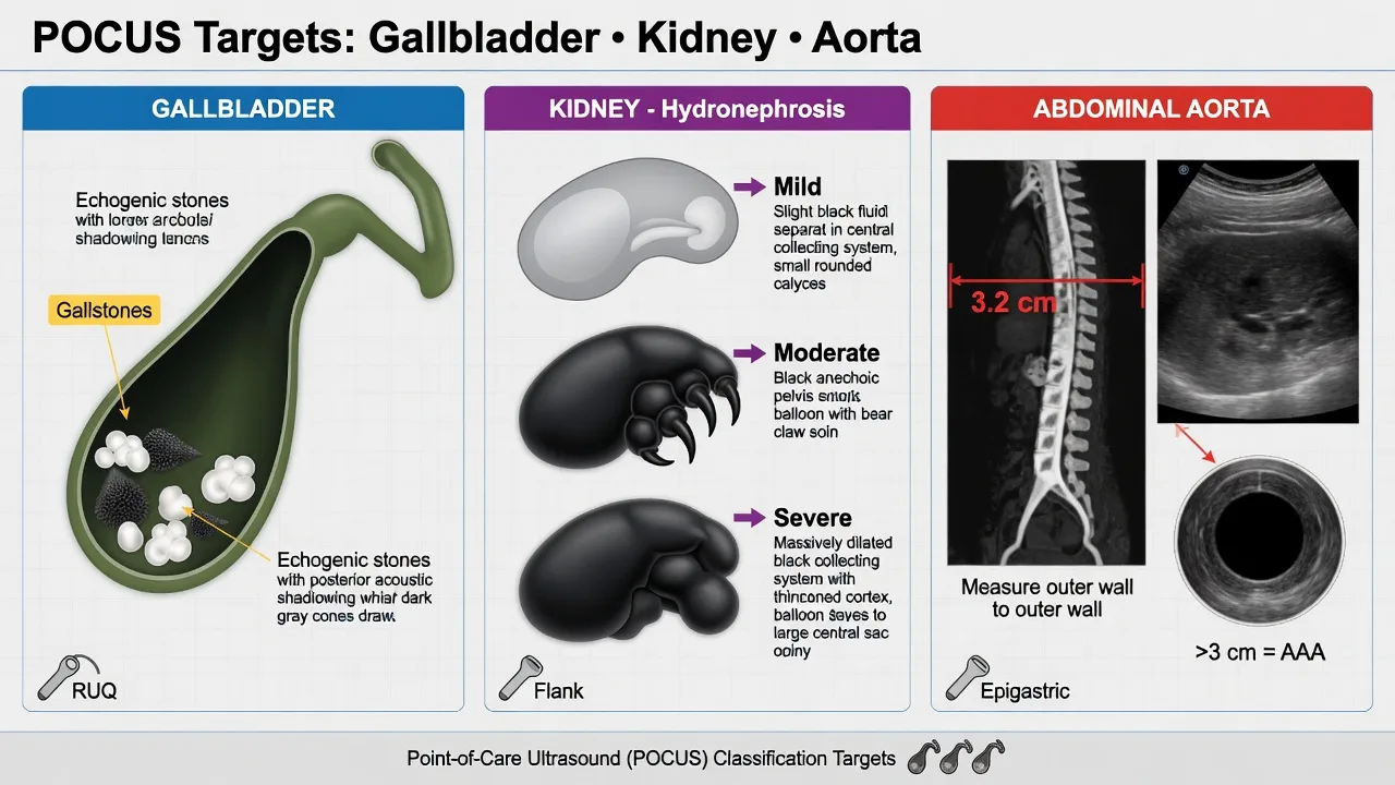 Educational overview of three POCUS targets: gallbladder, kidney collecting system and abdominal aorta