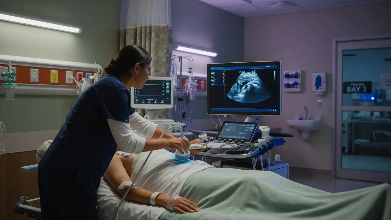 A bedside ultrasound showing gallstones with acoustic shadowing beside a hydronephrotic kidney