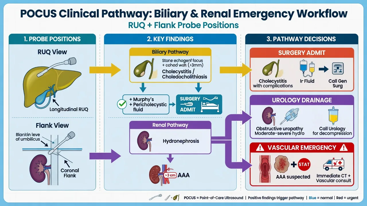 Educational stepwise bedside scan sequence for gallbladder, kidneys and aorta with disposition branches