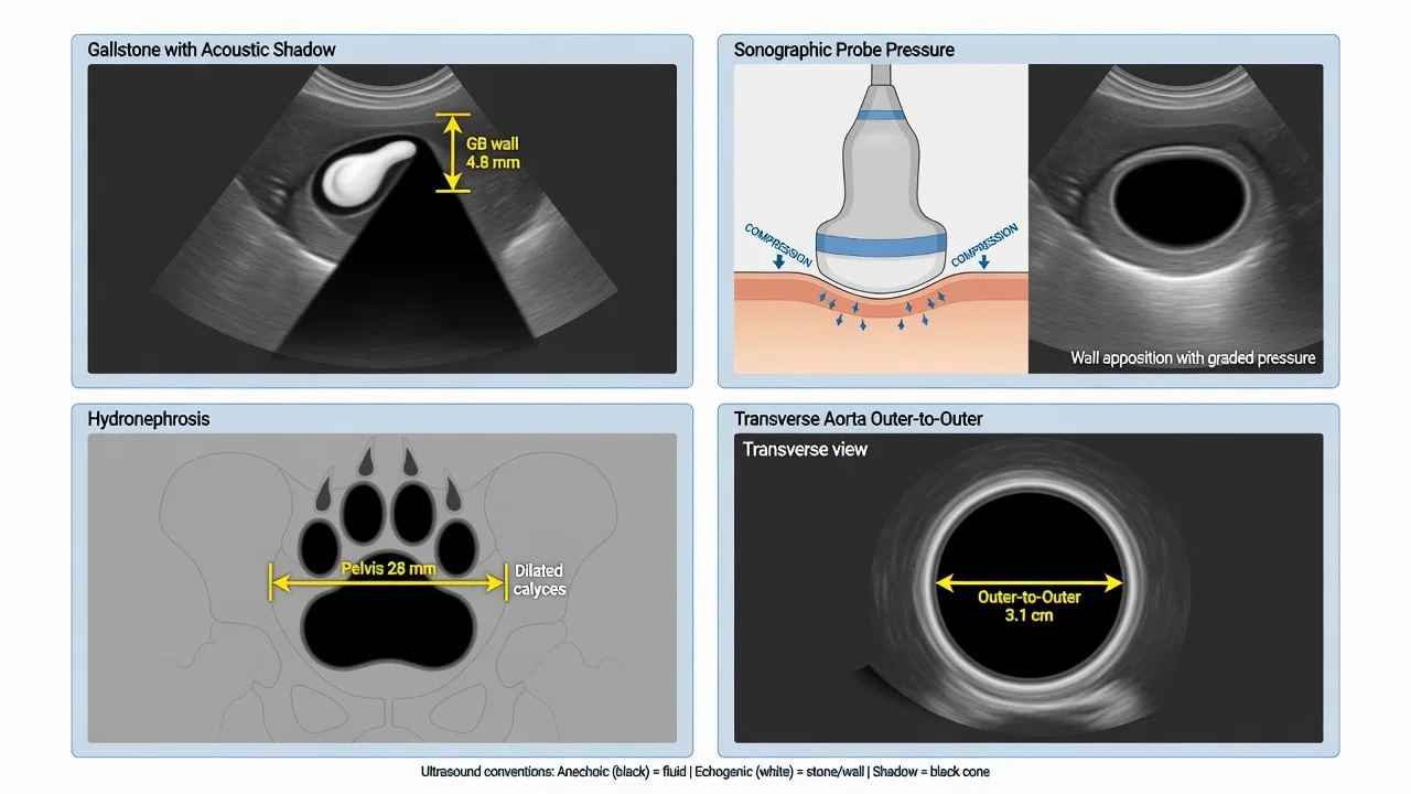 Educational diagram of gallstone acoustic shadowing, gallbladder wall thickening, hydronephrosis grades and aortic measurement plane