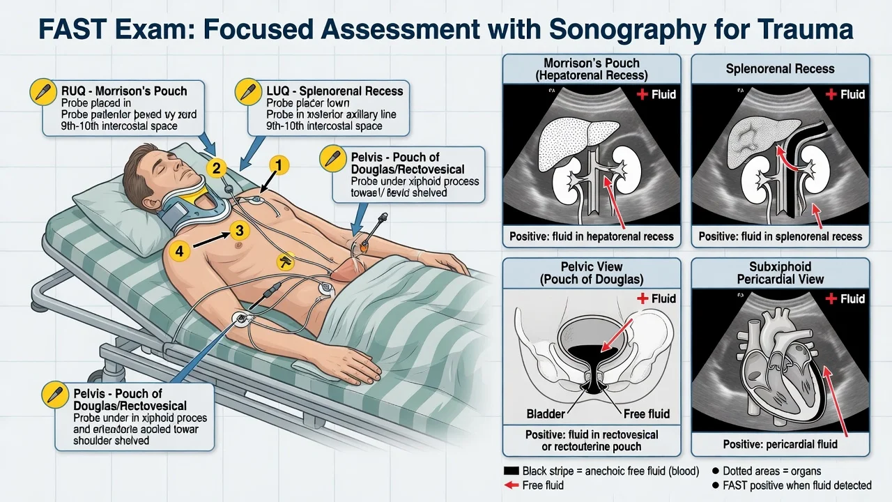 A FAST scan showing the Morrison pouch and a pericardial view beside a trauma patient