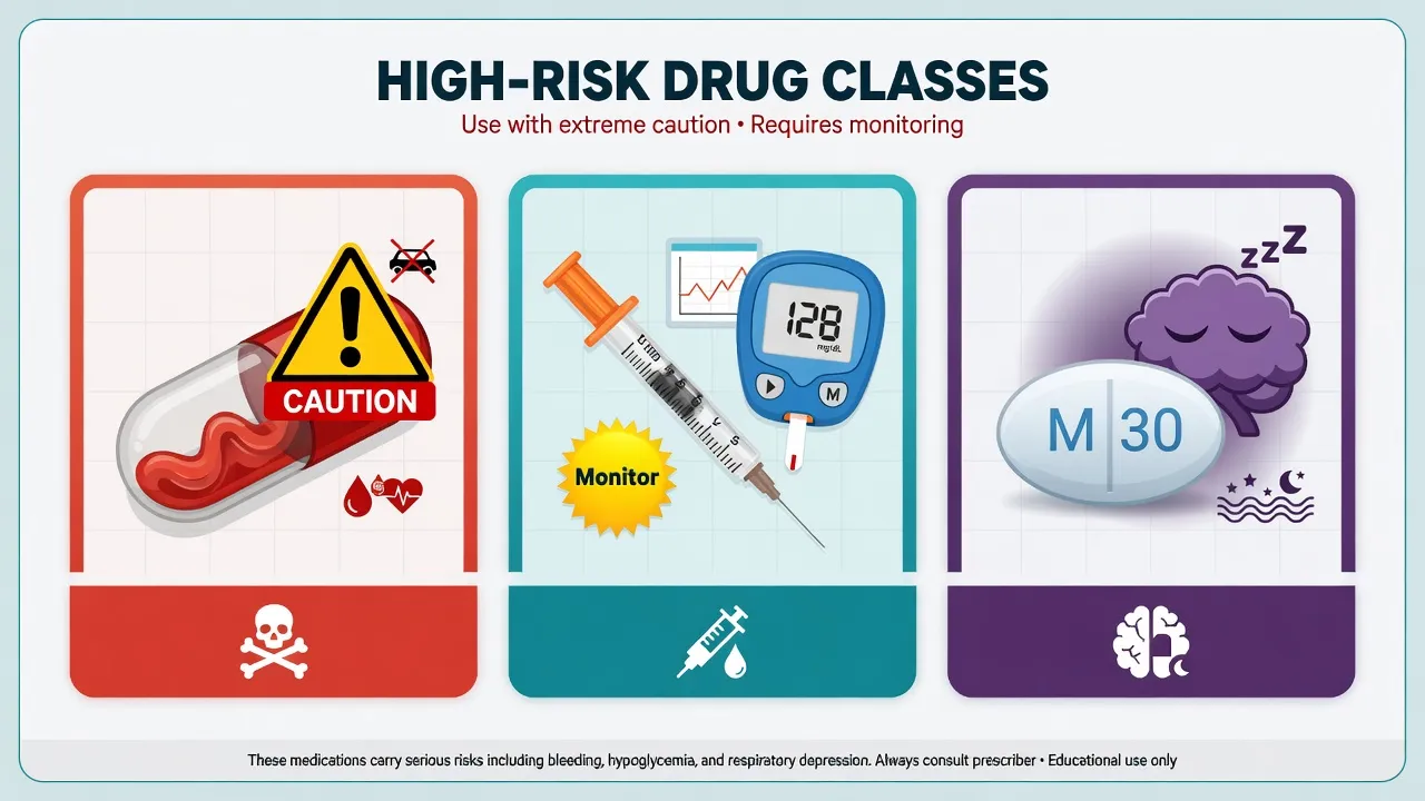 Infographic of high-risk medication classes causing emergency department adverse drug events including anticoagulants, insulins and opioids