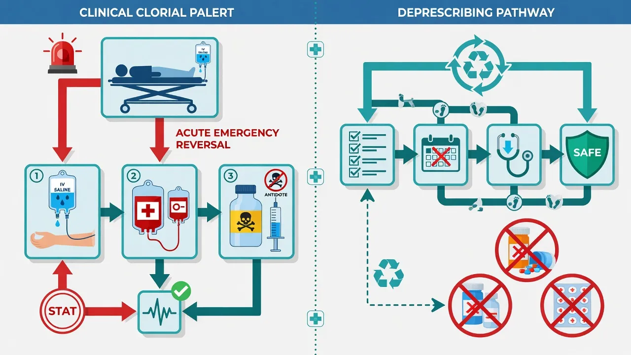 Two-step pathway showing acute reversal of an adverse drug event then structured deprescribing with STOPP START and Beers criteria