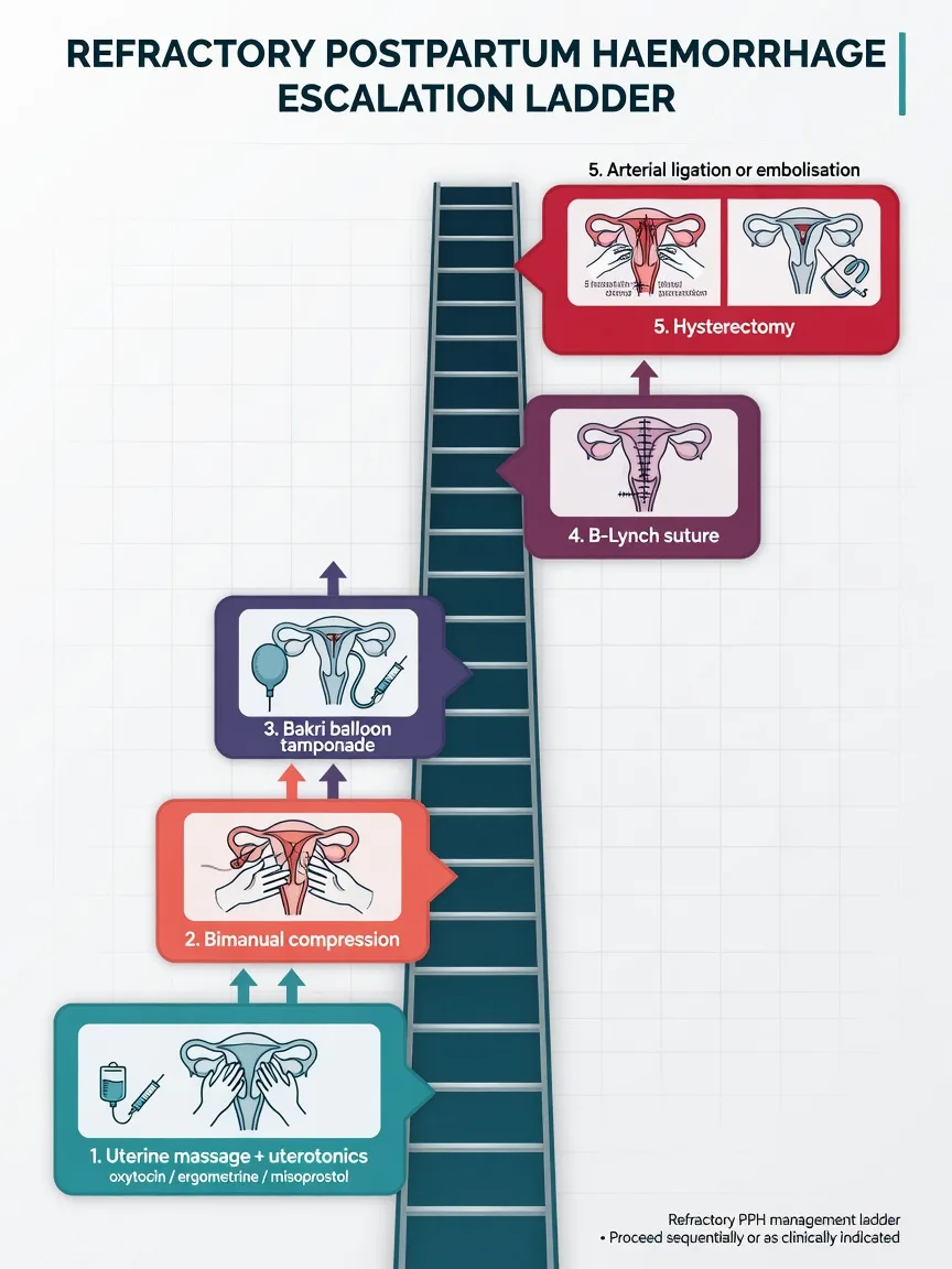 A vertical ladder from uterotonics and bimanual compression up to Bakri balloon, then uterine sutures, then artery ligation, then embolisation, then hysterectomy at the top