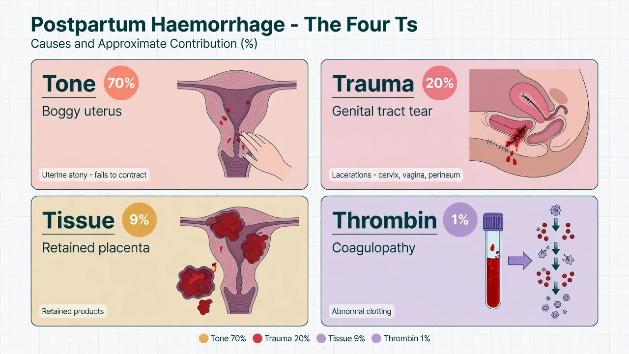 A four-quadrant diagram: Tone (boggy uterus 70 per cent), Trauma (cervical tear 20 per cent), Tissue (retained placenta 9 per cent), Thrombin (coagulopathy 1 per cent)