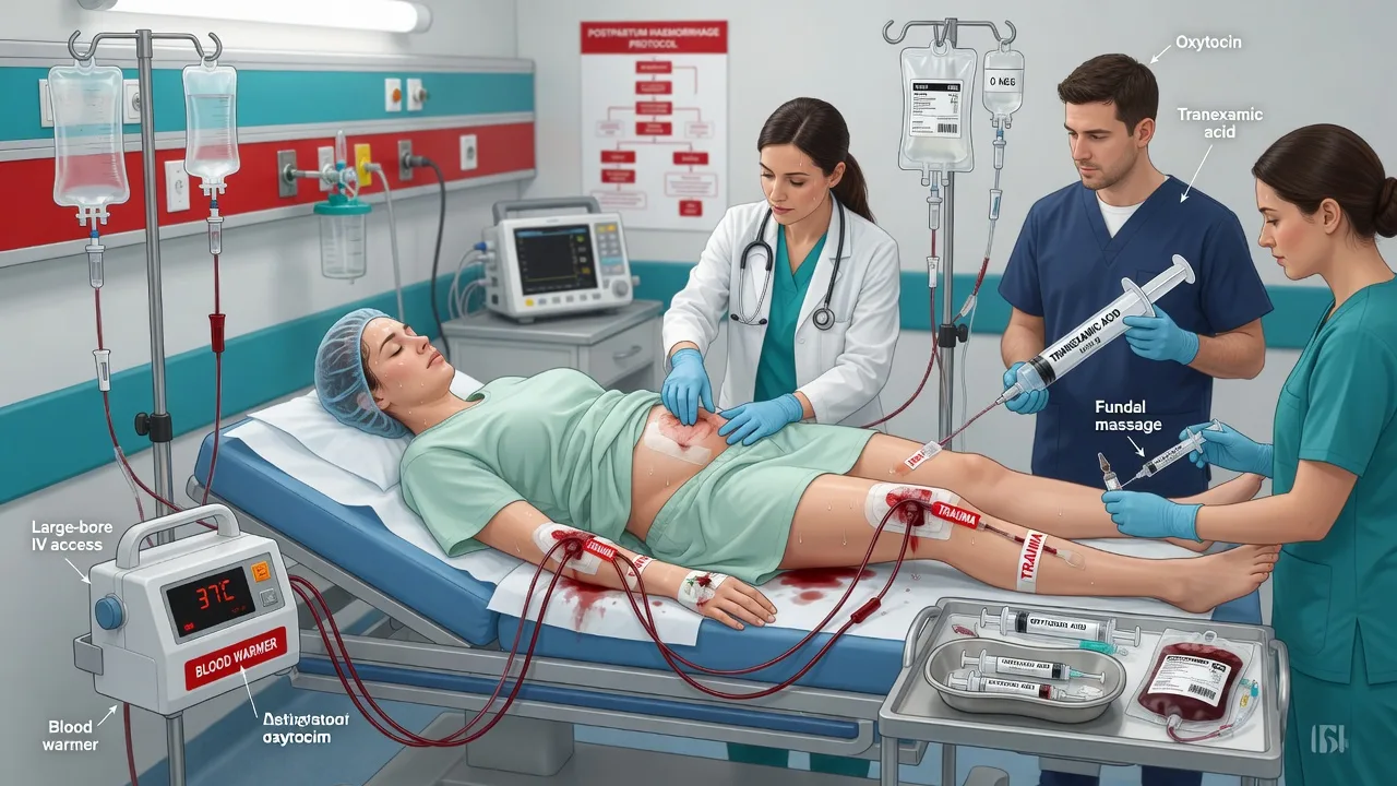 A resuscitation bay with a postpartum woman, two IV cannulae, a blood warming unit and an obstetric team