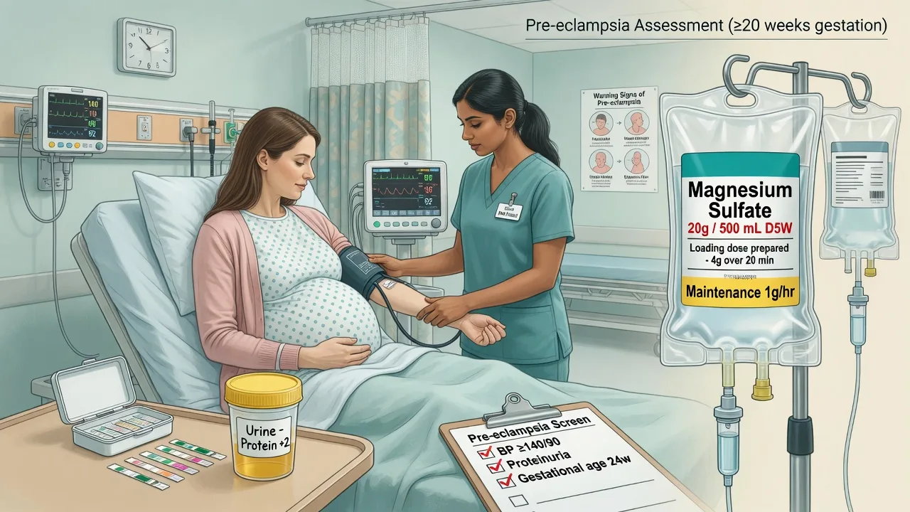 A pregnant patient with a blood pressure over 140 over 90 and proteinuria beside a magnesium-sulfate regimen