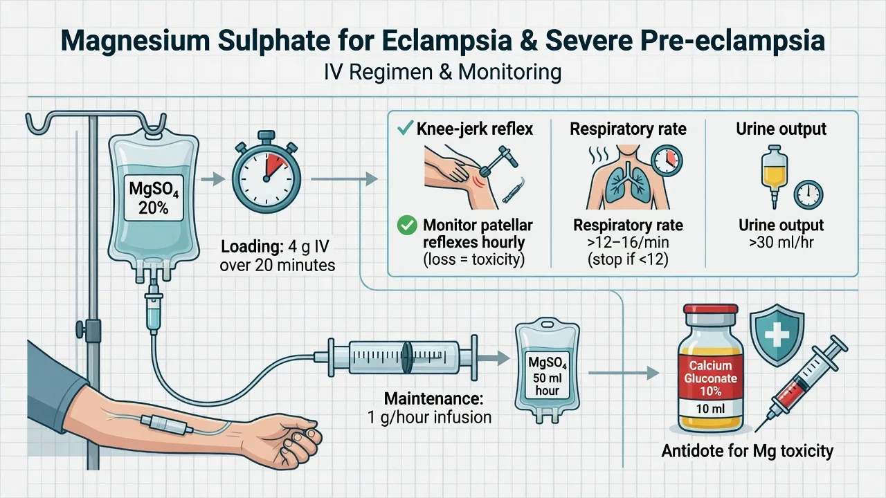 Magnesium sulphate 4 g IV load then 1 g per hour with reflex and respiratory monitoring and calcium gluconate antidote