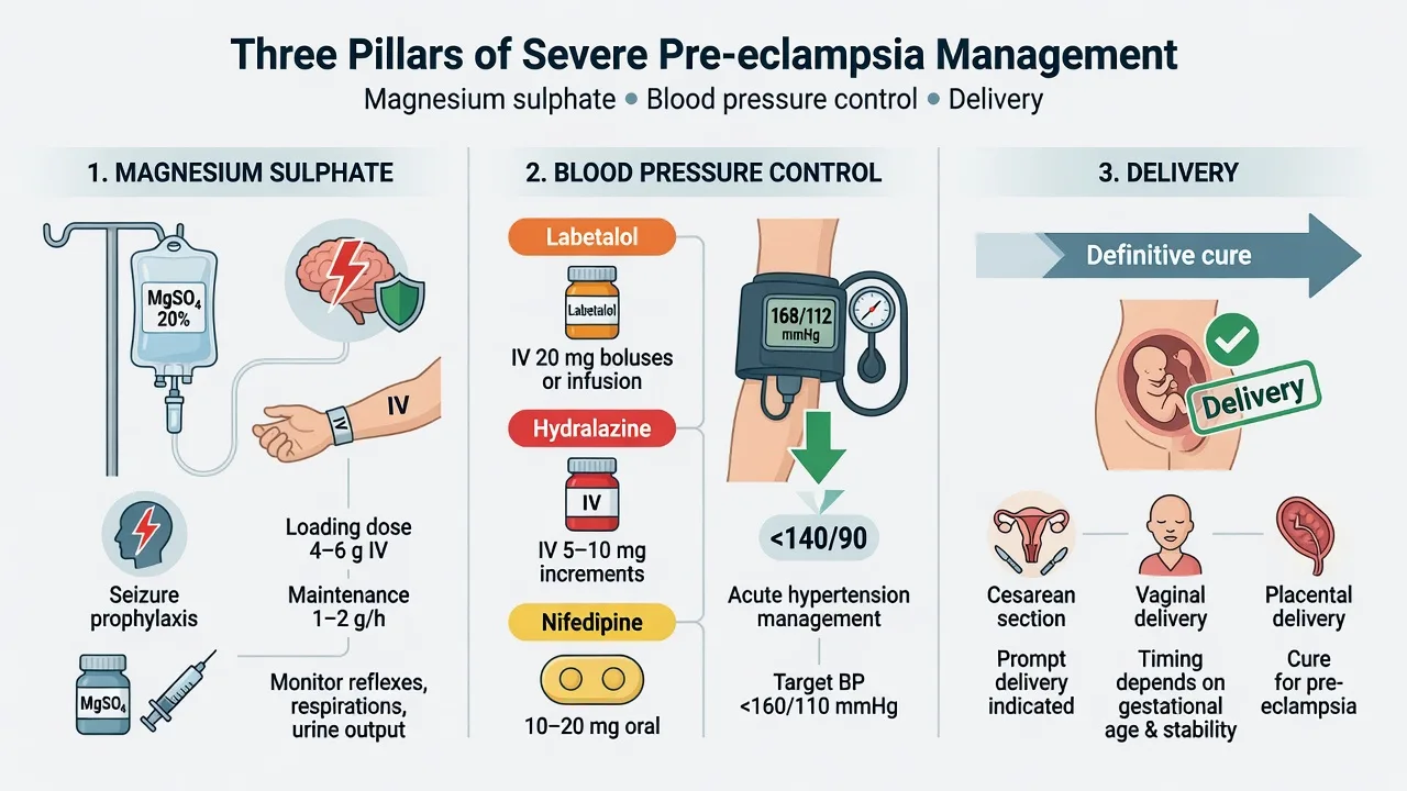 Three pillars of severe pre-eclampsia: magnesium sulphate, blood pressure control, and delivery