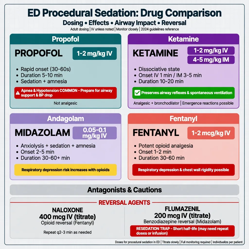 Drug comparison cards for propofol ketamine midazolam fentanyl and reversal agents
