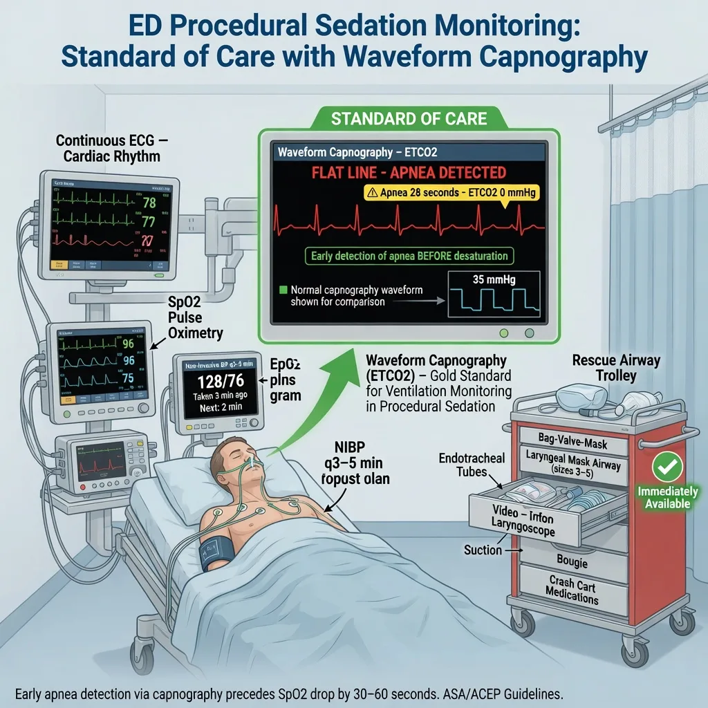 ED procedural sedation bay with ECG SpO2 waveform capnography NIBP and rescue airway trolley