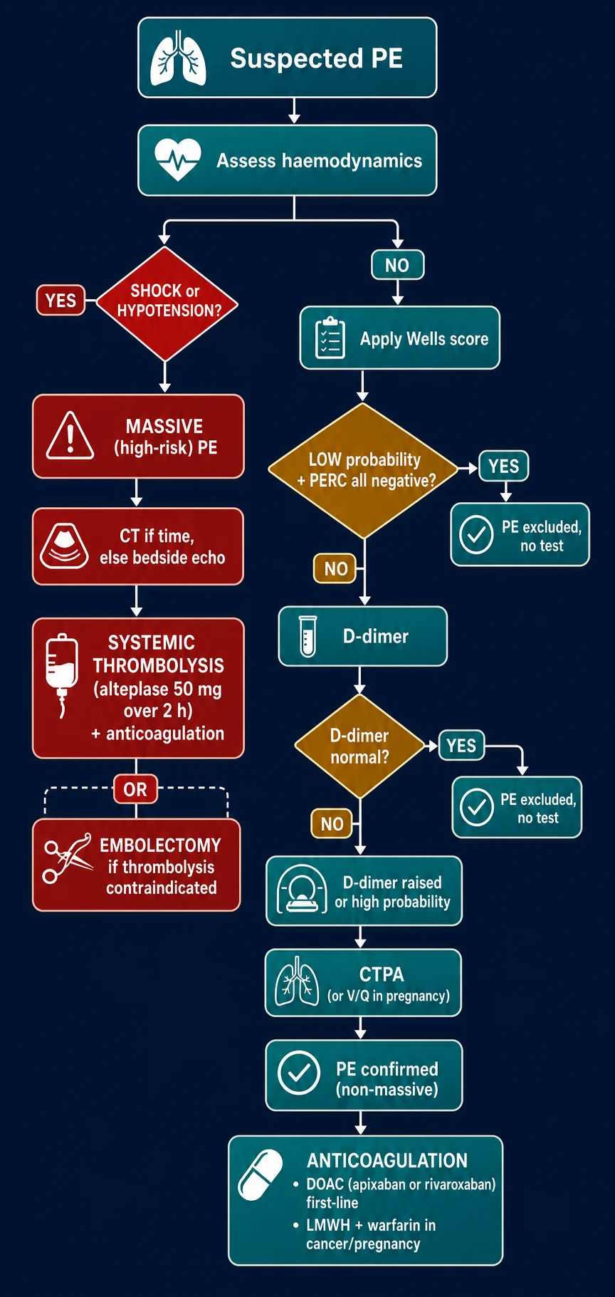 Risk-stratified workup and management flowchart for suspected pulmonary embolism