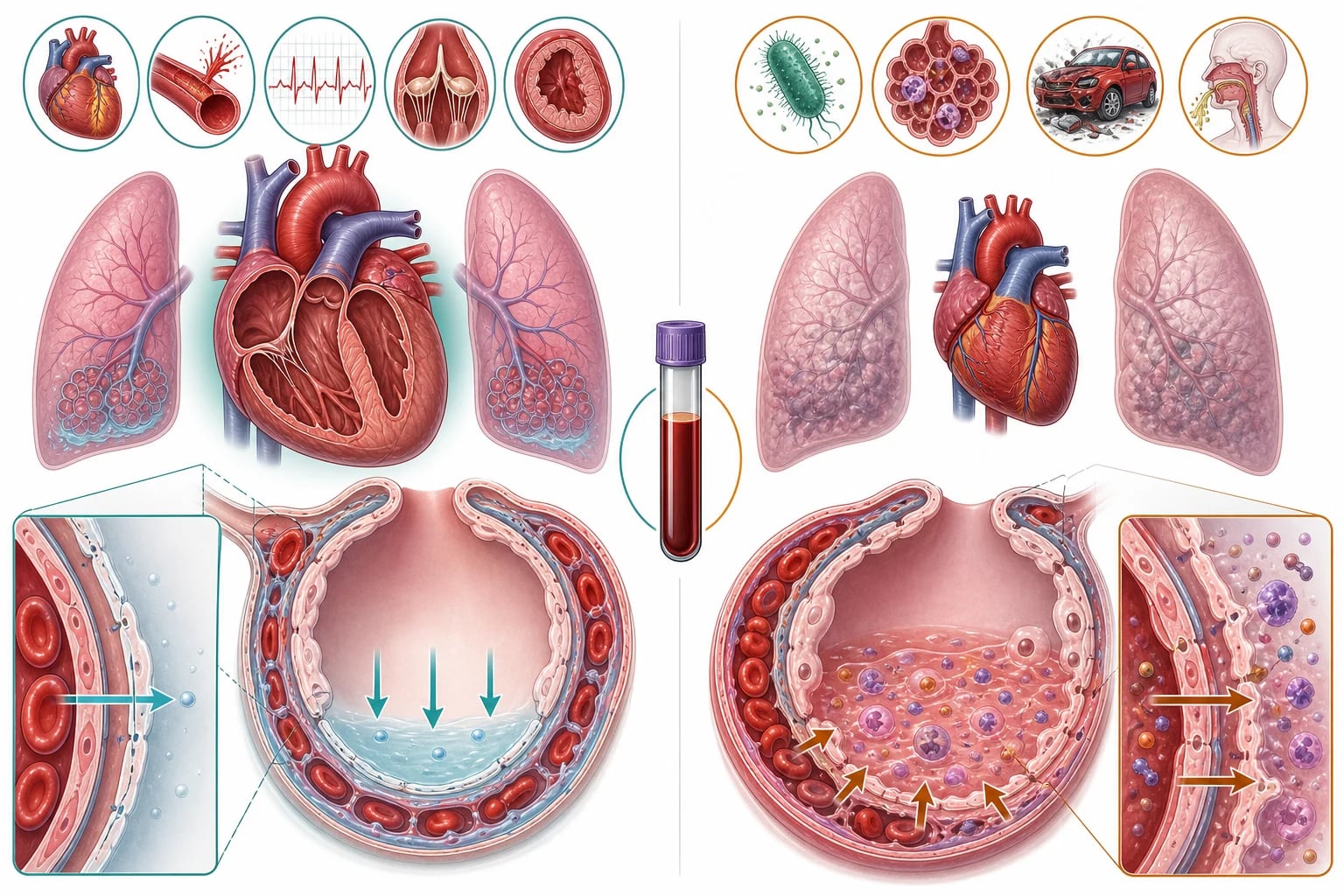 Two columns: cardiogenic (raised pressure from LV failure, enlarged heart, protein-poor fluid) and non-cardiogenic ARDS (permeability, normal heart, protein-rich fluid)