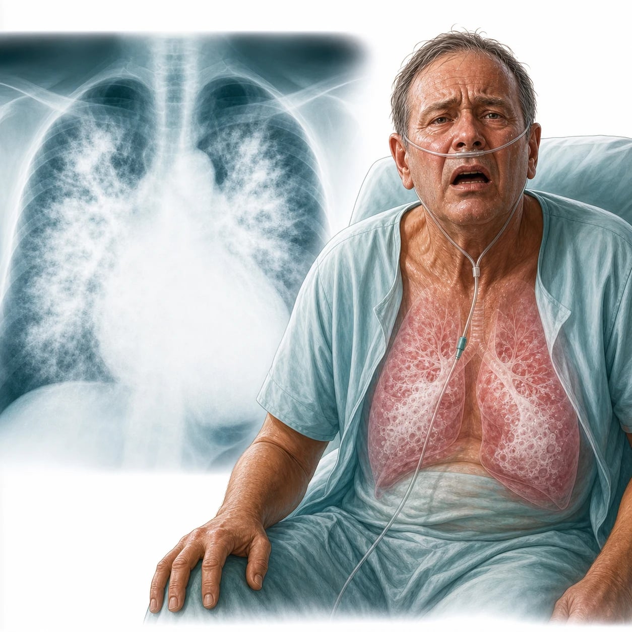 A chest X-ray view of both lungs filled with bilateral fluffy infiltrates and a bat-wing perihilar pattern with an enlarged heart