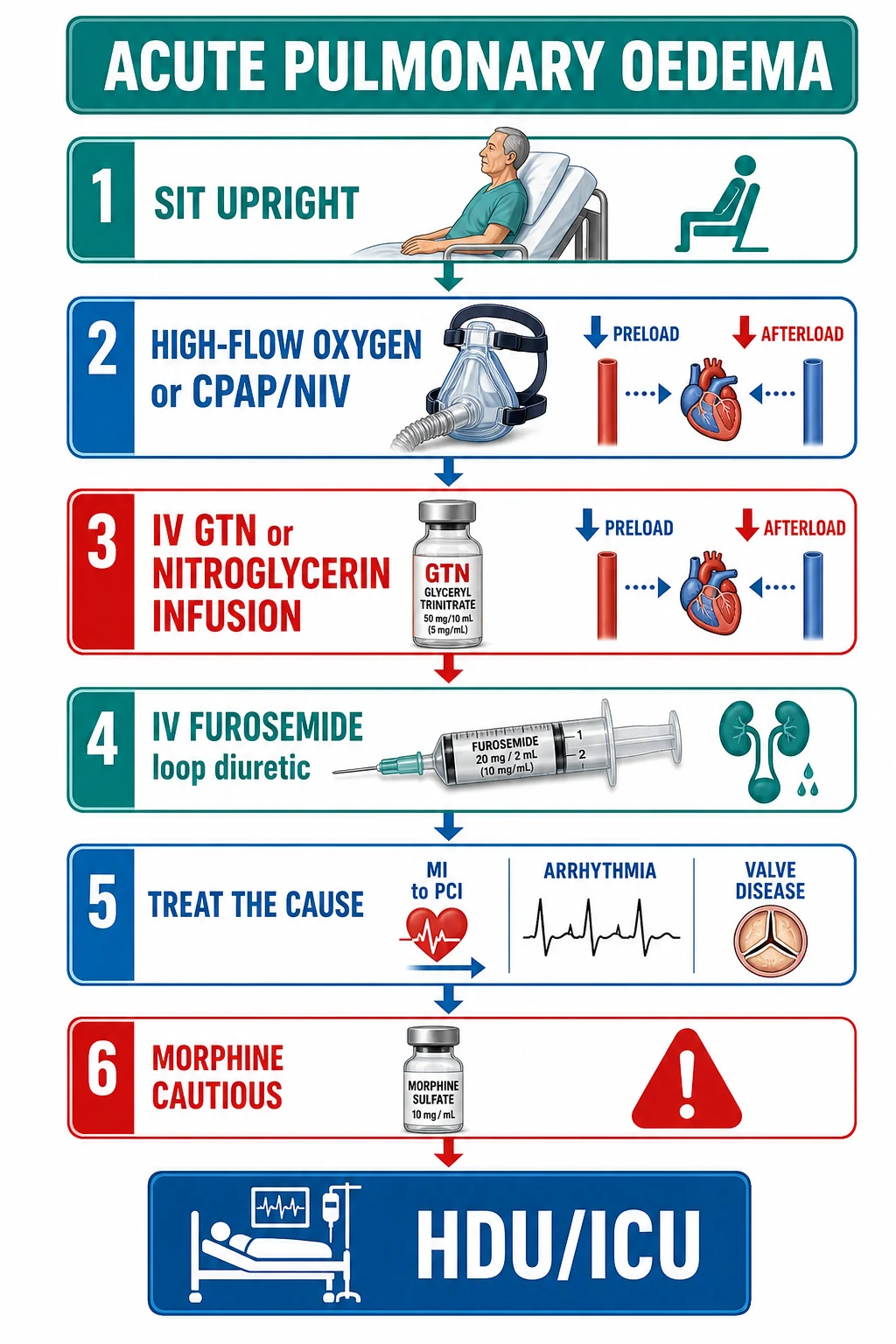 A flowchart of cardiogenic pulmonary oedema management: sit upright, high-flow O2 or CPAP, IV GTN, IV furosemide, treat the cause