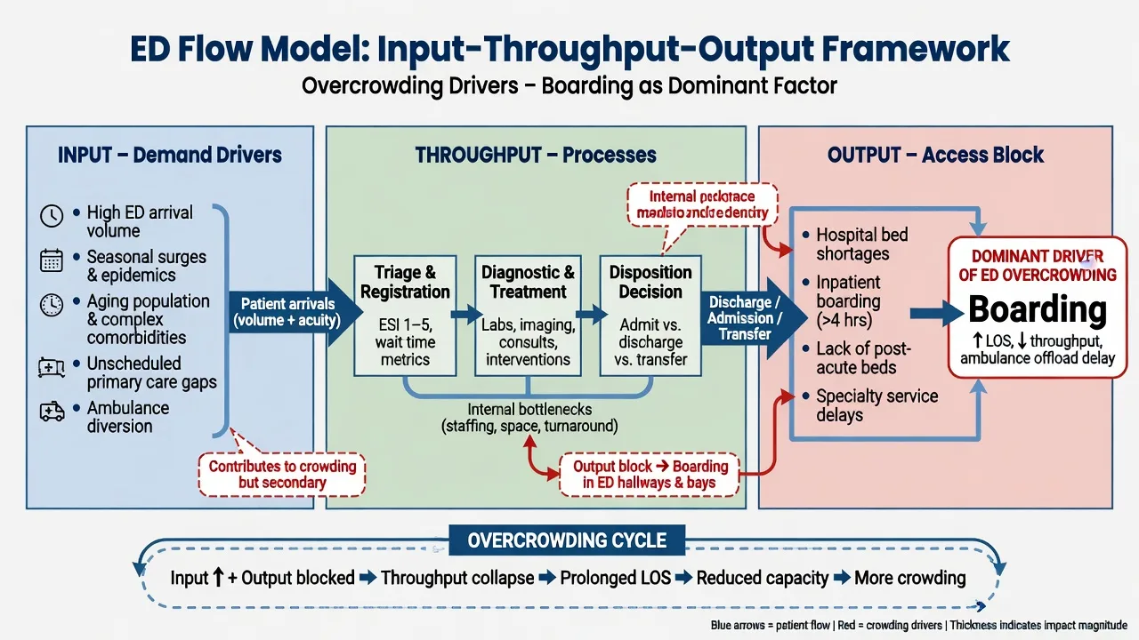 Input-throughput-output model of ED flow with boarding as dominant overcrowding driver
