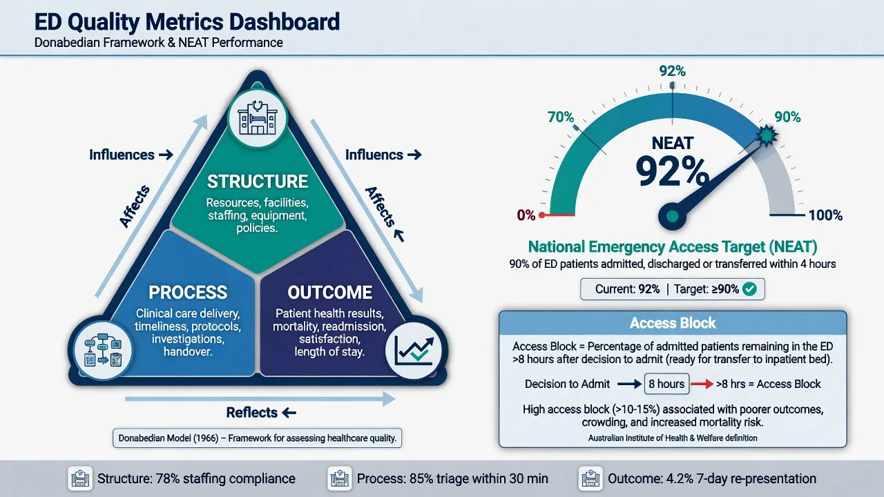 A dashboard of ED quality metrics with the four-hour target and the time-to-analgesia displayed