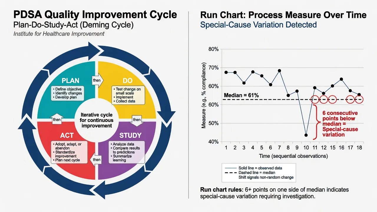 PDSA cycle beside a run chart showing six consecutive points below the median