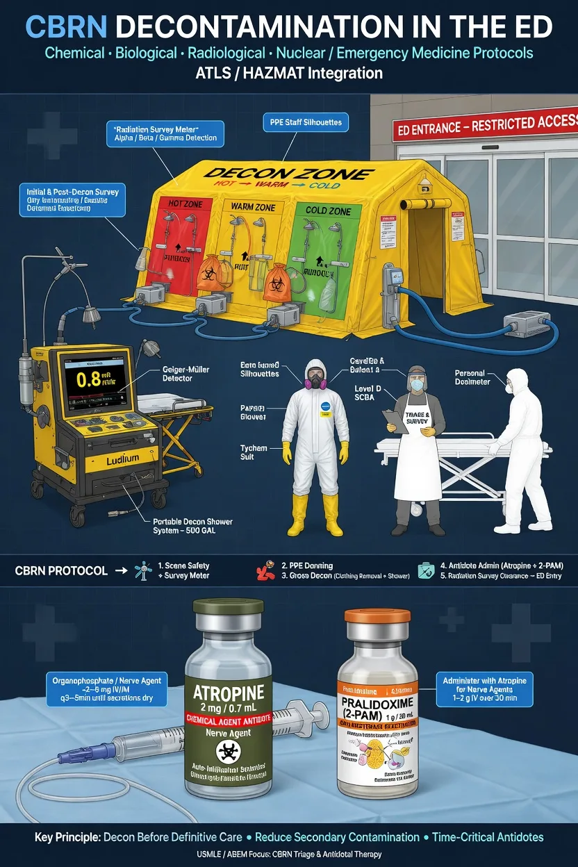 A decontamination tent outside the emergency department beside a radiation-survey meter and atropine
