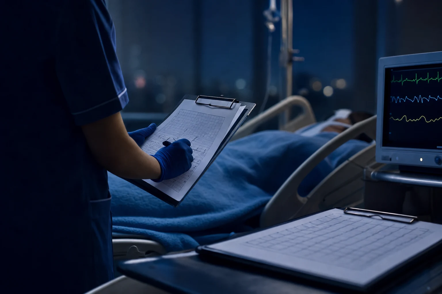 A nurse reviewing an observation chart at a bedside cardiac monitor on a night ward