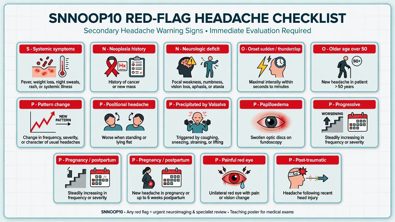 Educational SNNOOP10 red-flag headache checklist poster with systemic, neoplasia, neurologic, onset sudden, older age, pattern change, positional, Valsalva, papilloedema, progressive, pregnancy and post-traumatic items