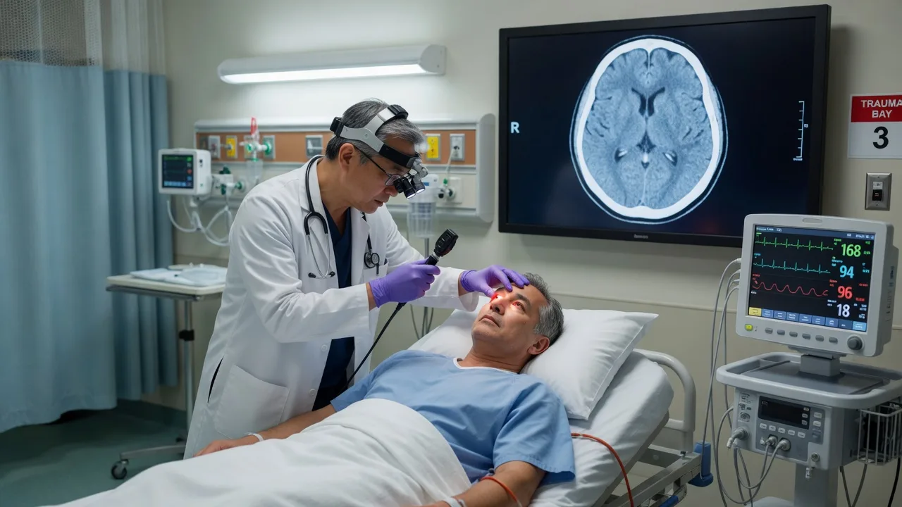 A clinician examining a patient's temporal artery and fundoscopy while a CT scan of the brain shows on the monitor