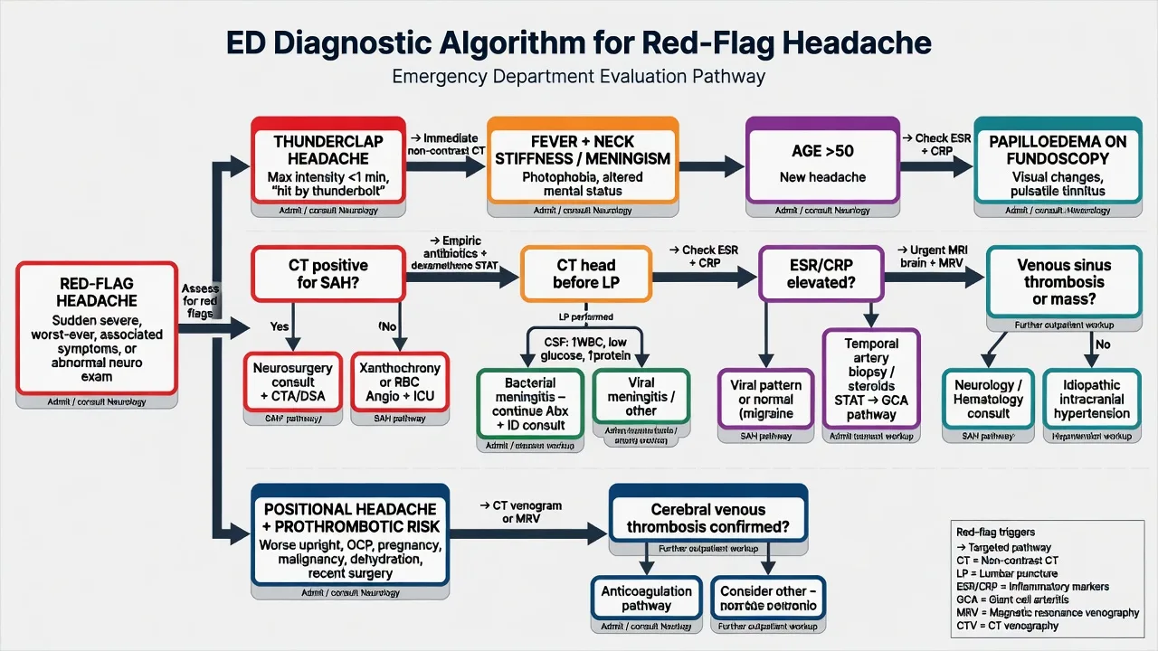 Educational ED diagnostic algorithm for red-flag headache showing thunderclap CT/LP SAH pathway, meningitis antibiotics, GCA ESR/CRP steroids, and venography for CVST
