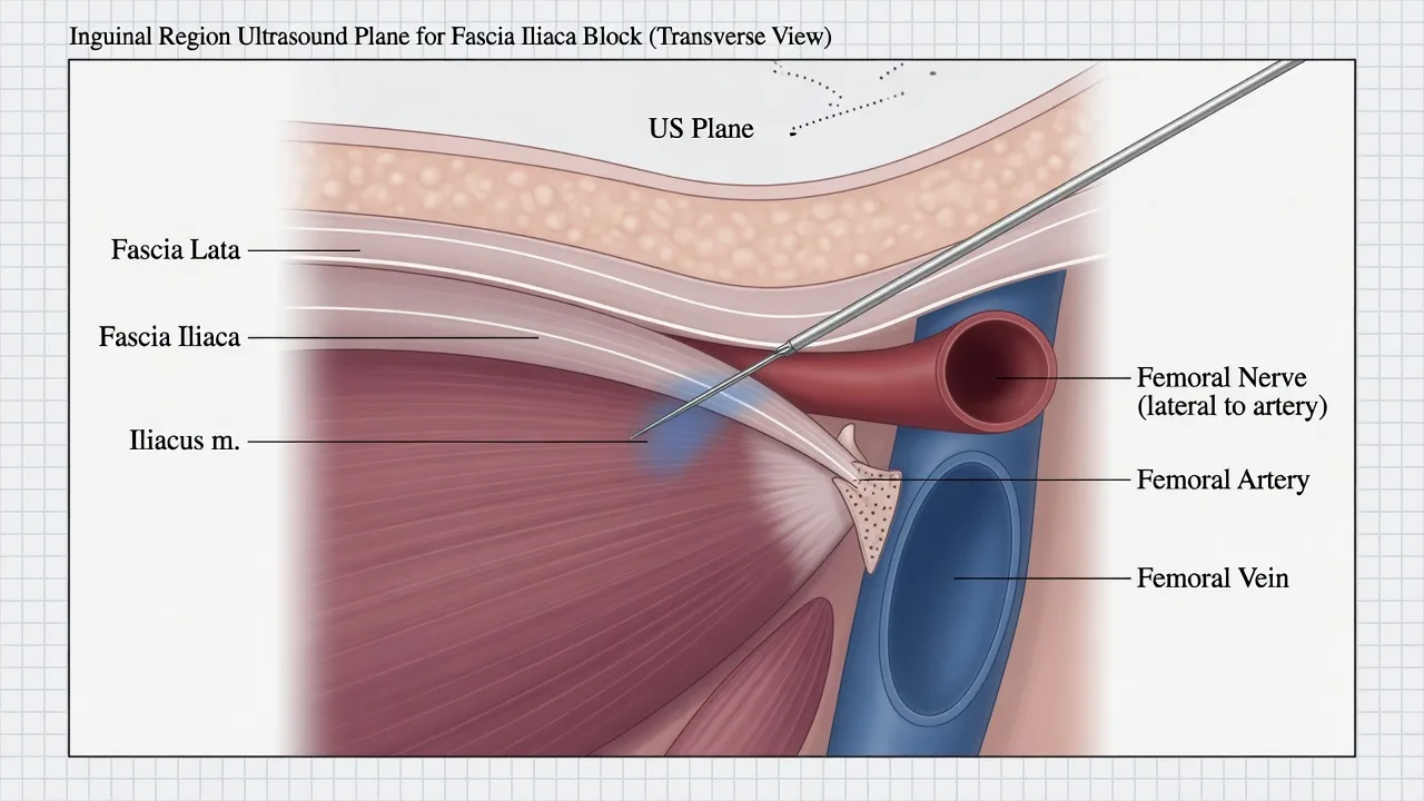 Educational labelled diagram of fascia iliaca plane, femoral nerve lateral to artery, and wrist block nerve landmarks
