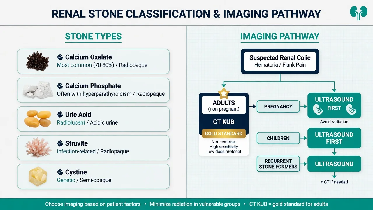 Infographic of urinary stone types and the ED imaging pathway choosing CT KUB versus ultrasound