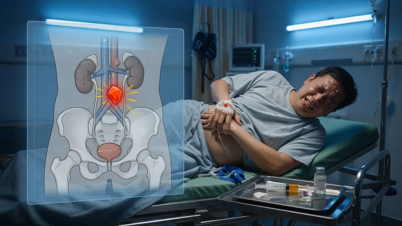 A CT KUB showing a ureteric stone beside a writhing patient and a diclofenac-and-morphine chart