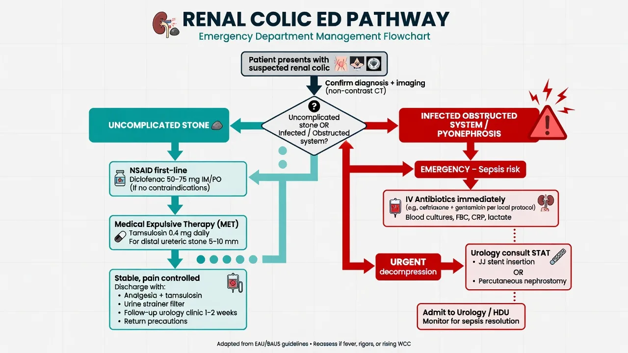 Flowchart splitting uncomplicated renal colic from the infected obstructed kidney pathway