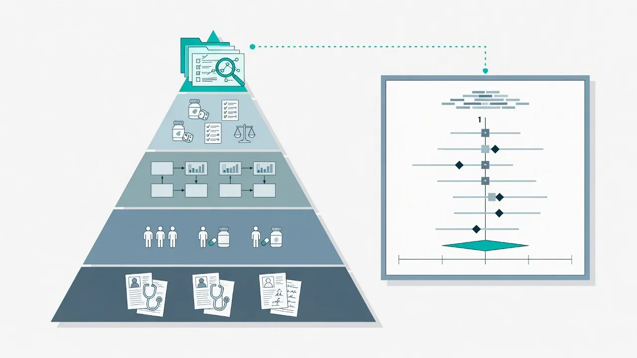 Evidence hierarchy pyramid from case reports up to systematic reviews and meta-analyses with GRADE certainty labels
