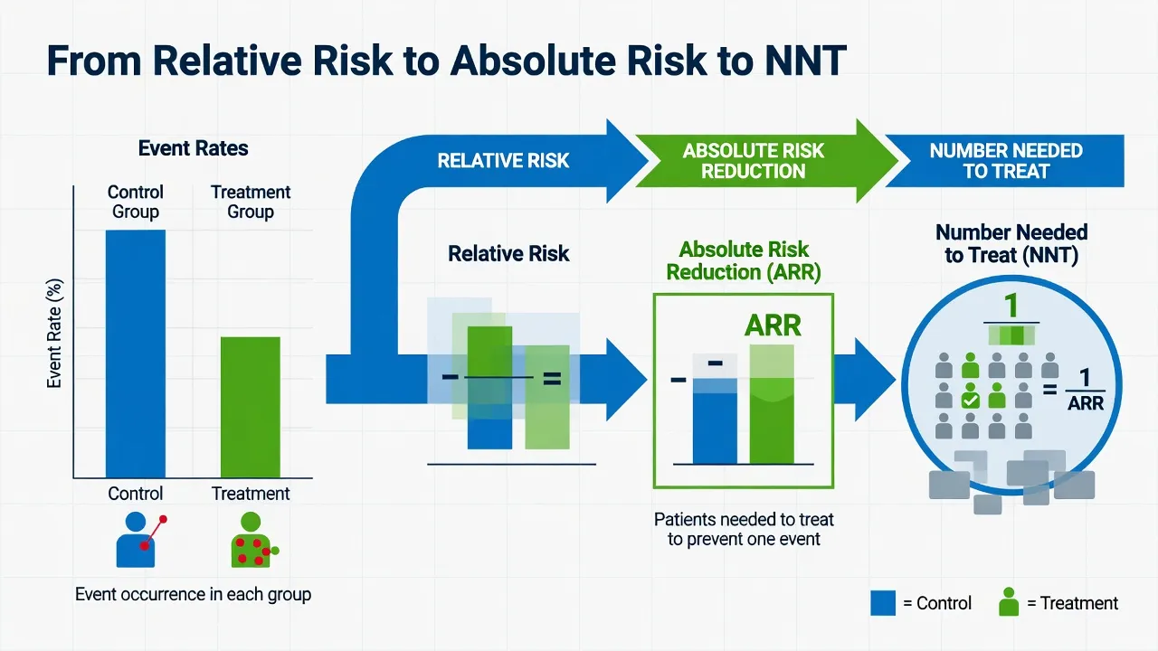Worked example converting relative risk reduction into absolute risk reduction and number needed to treat