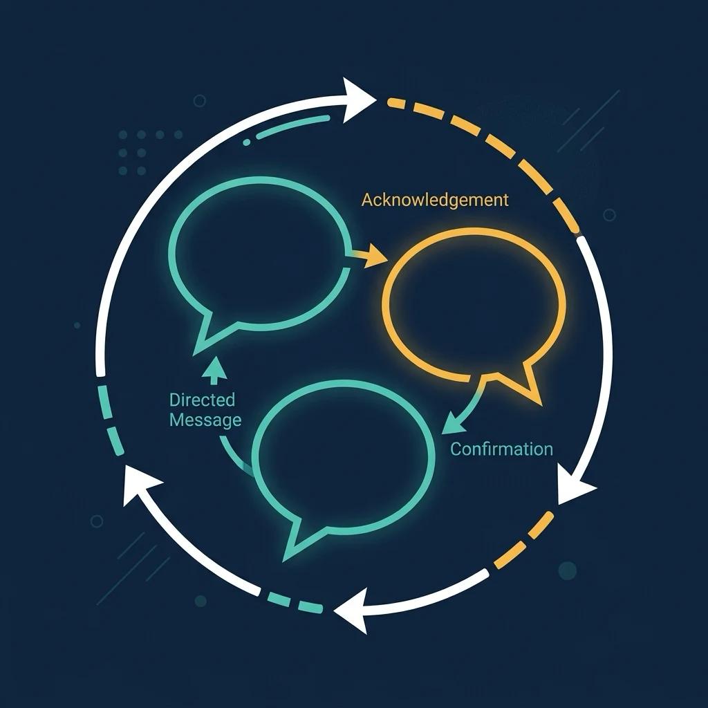 Abstract illustration of three speech bubbles connected by arrows in a cycle representing closed-loop communication