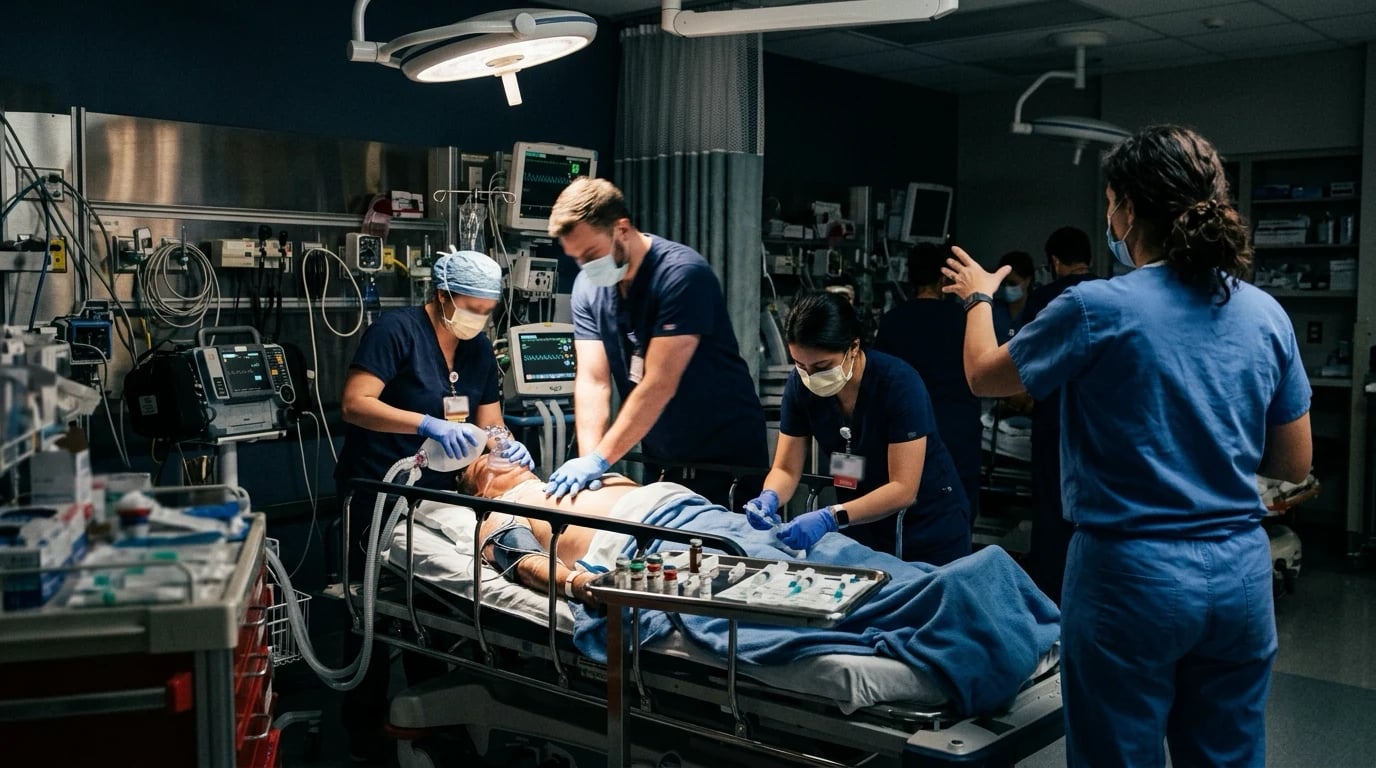 A resuscitation team working around a patient with one clinician standing back directing the team