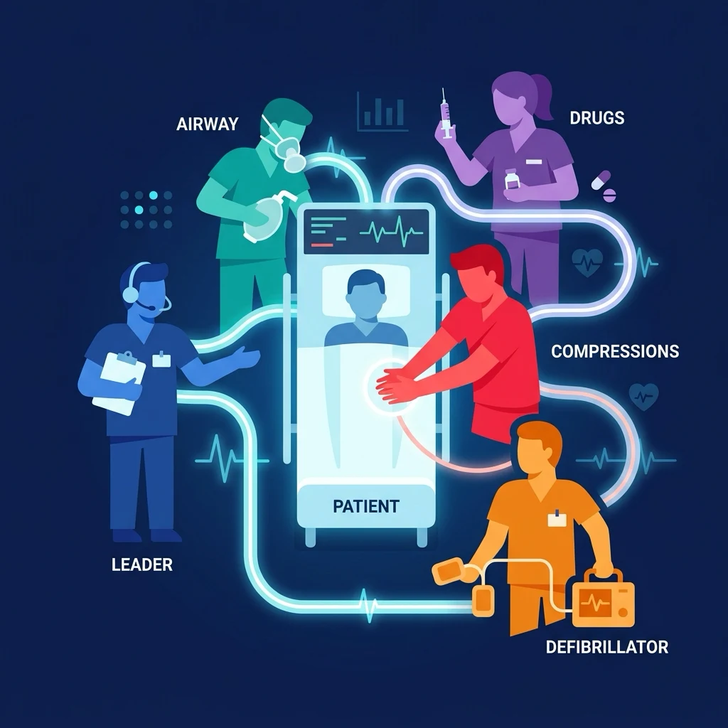 Abstract illustration of team members arranged around a central patient bed, each in a different colour representing their role