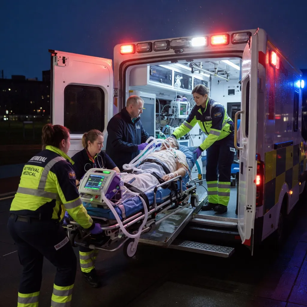 A retrieval team loading a ventilated patient onto an ambulance beside a transfer checklist