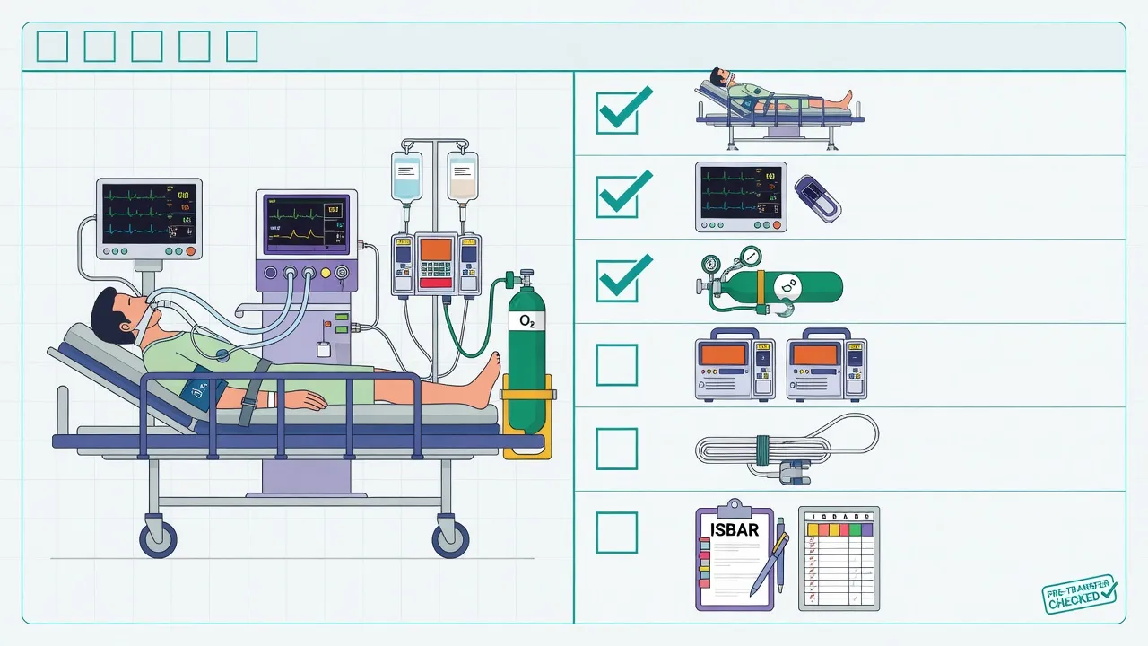 Pre-transfer packaging checklist showing secured airway, pumps, oxygen, monitoring and ISBAR handover to retrieval