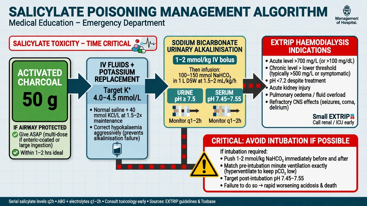 Salicylate management algorithm with bicarbonate urine alkalinisation targets and EXTRIP haemodialysis indications