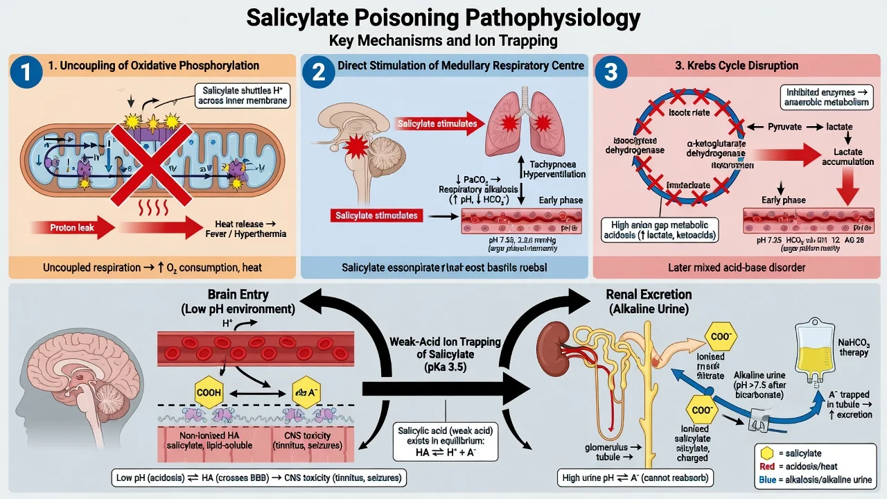 Three-mechanism salicylate pathophysiology: uncoupling, respiratory centre stimulation, Krebs disruption, and pH-dependent ion trapping