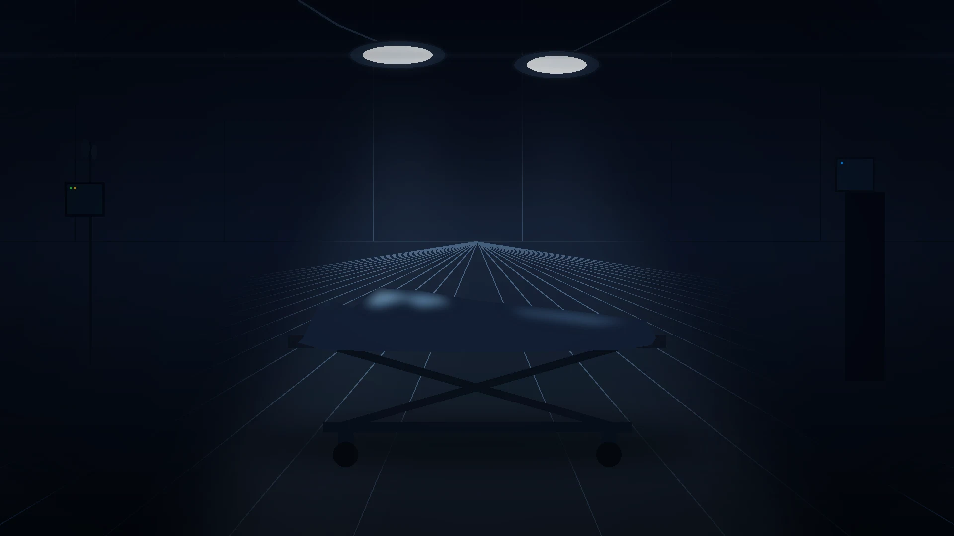 A trauma bay with a patient on a trolley under bright surgical lights