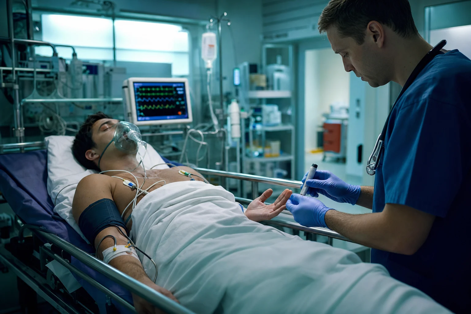 A post-ictal patient recovering on a monitored trolley in a resuscitation bay while a clinician checks the capillary glucose