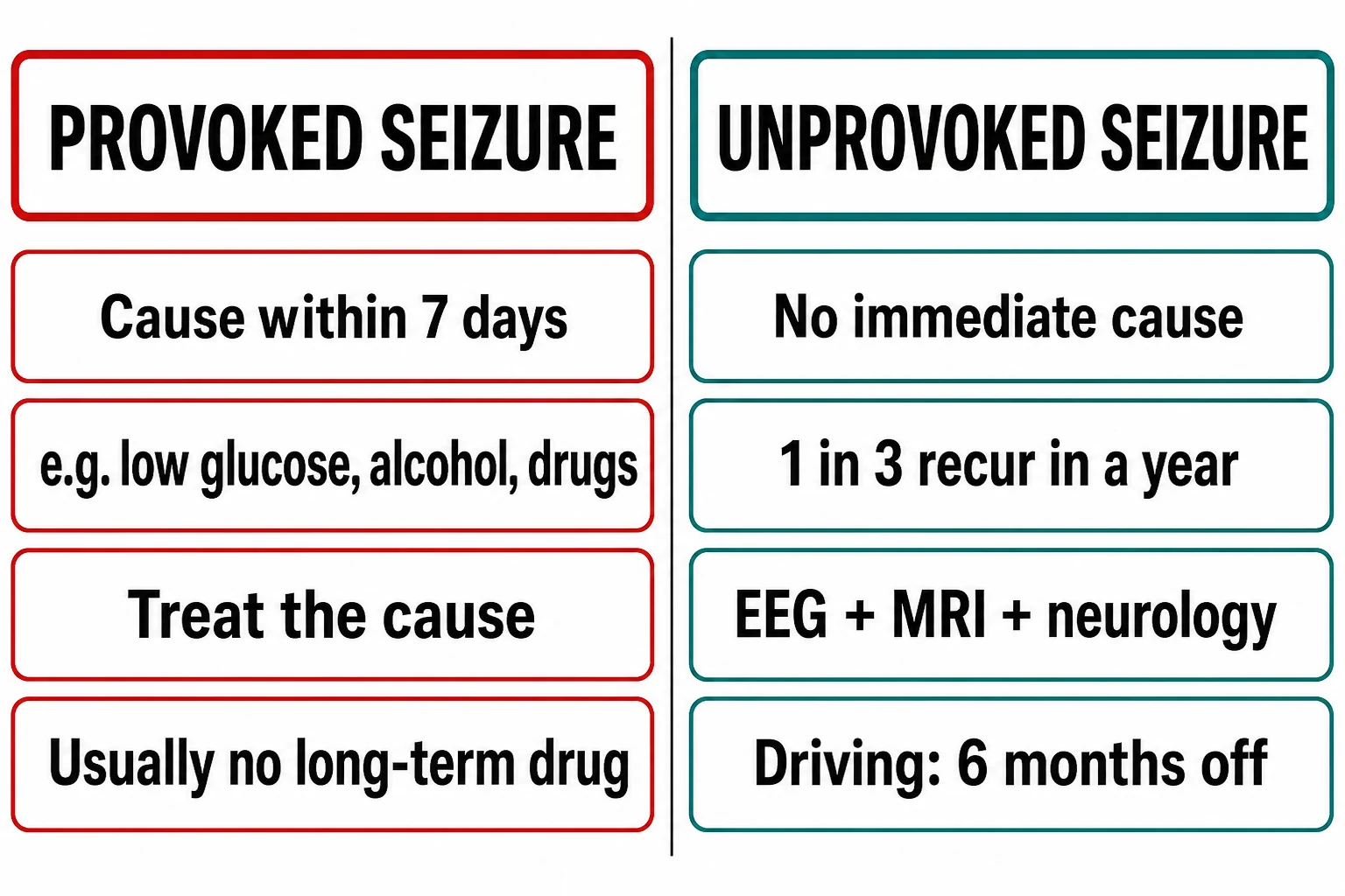 A two-column comparison infographic of a provoked versus an unprovoked seizure, listing causes, recurrence risk, AED use and driving restriction for each